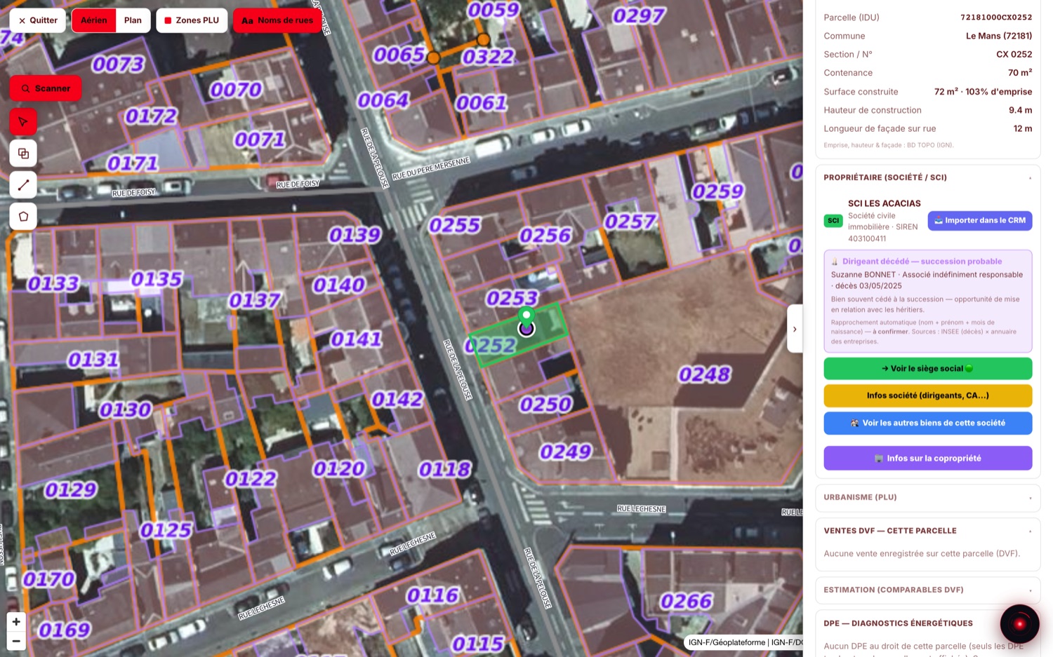 Fiche parcelle : identifiant cadastral, contenance, surface construite, emprise, hauteur, façade sur rue, propriétaire SCI avec SIREN, bouton Importer dans le CRM, ventes DVF, estimation par comparables, DPE et géo-risques.