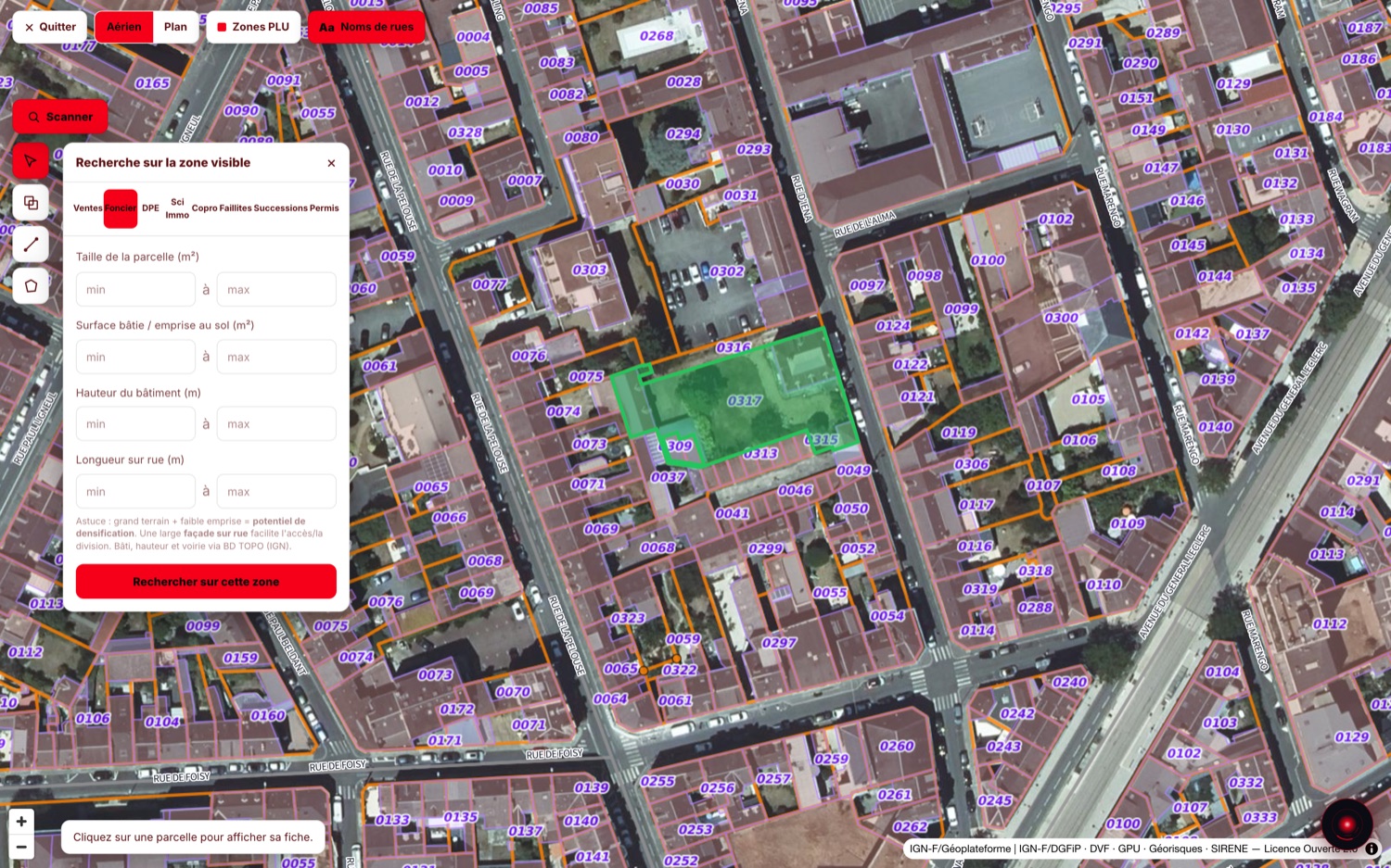 ImmoCadastre : carte aérienne avec les parcelles, et le panneau de recherche sur la zone visible avec ses huit familles — Ventes, Foncier, DPE, Sci Immo, Copro, Faillites, Successions, Permis.
