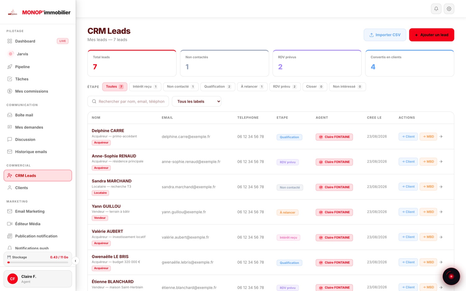 CRM Leads d'un agent : leads avec étape commerciale, labels vendeur ou acquéreur, agent responsable, import CSV et conversion en client.