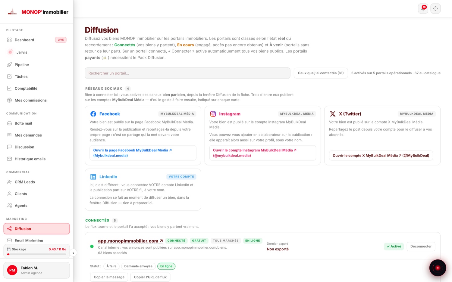 Écran Diffusion : 67 portails au catalogue, réseaux sociaux, portails connectés avec leur statut et le nombre de biens associés.