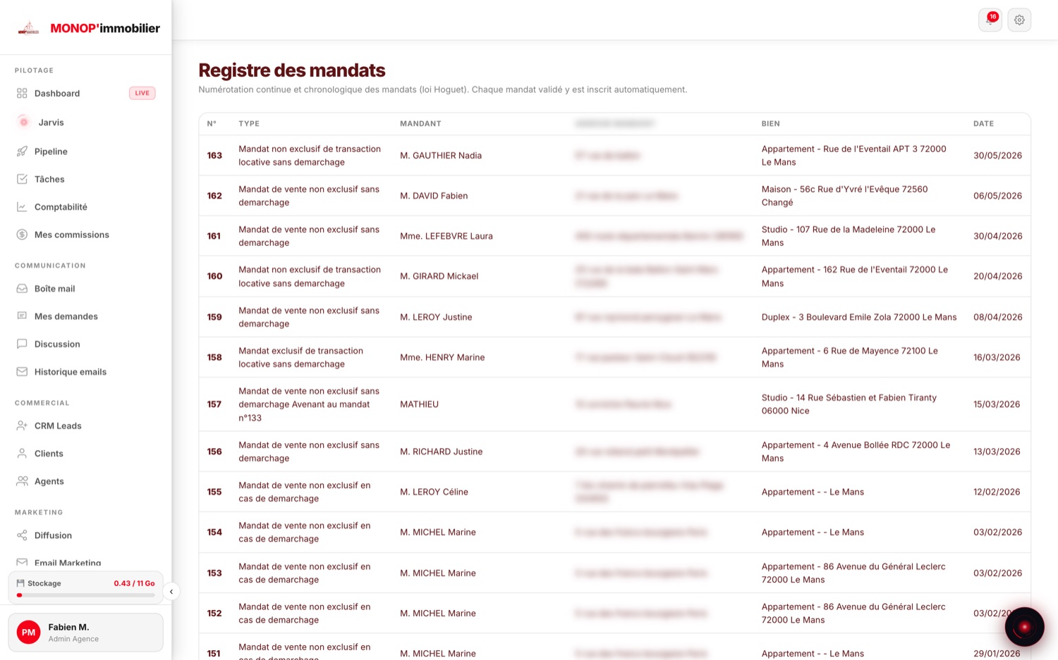 Registre des mandats : numérotation continue de 163 à 151, type de mandat, mandant, bien et date. Les adresses des mandants sont floutées.