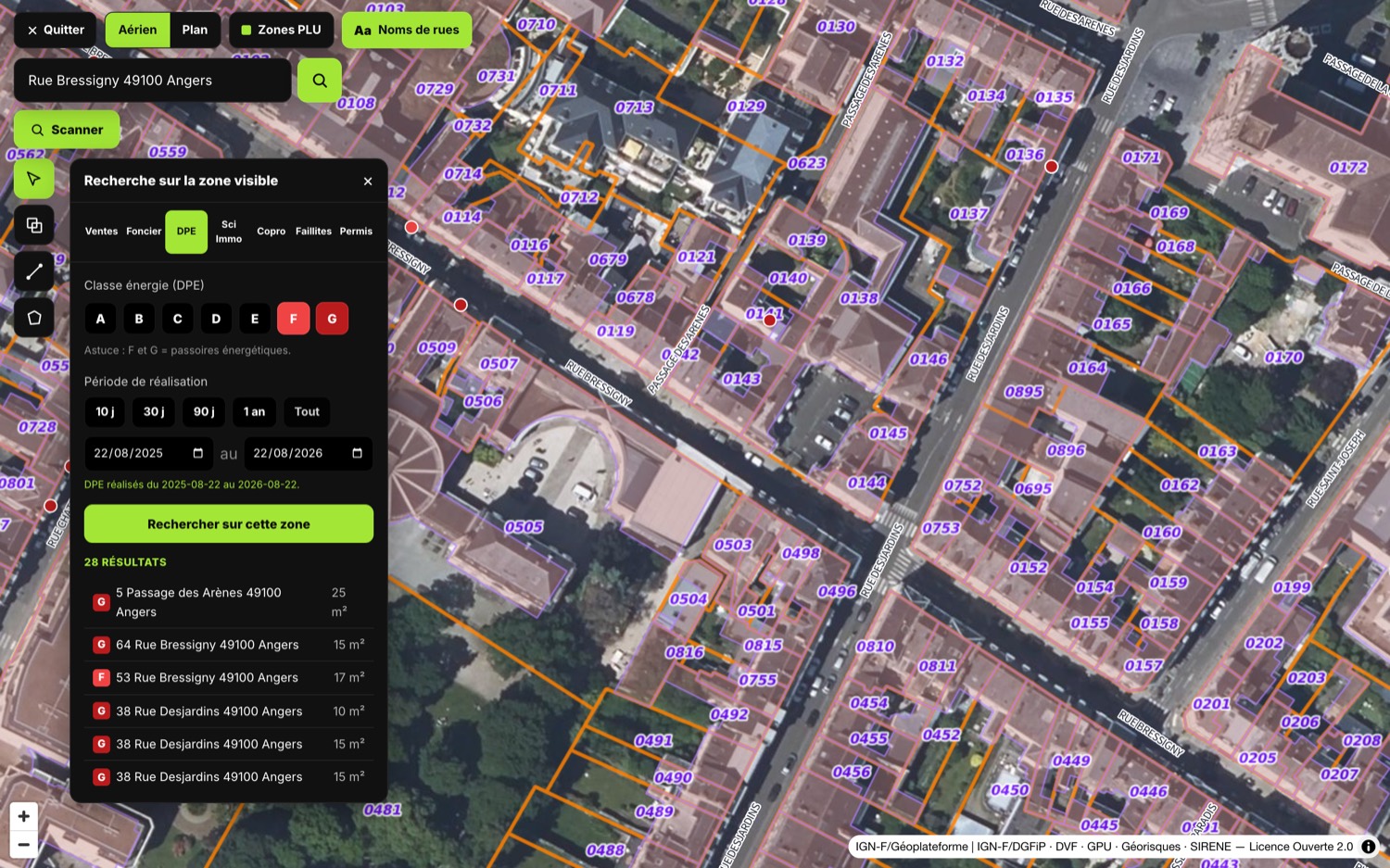 ImmoCadastre : balayage des DPE du quartier, filtres par classe énergétique et par période, liste des adresses avec leur étiquette et leur surface.