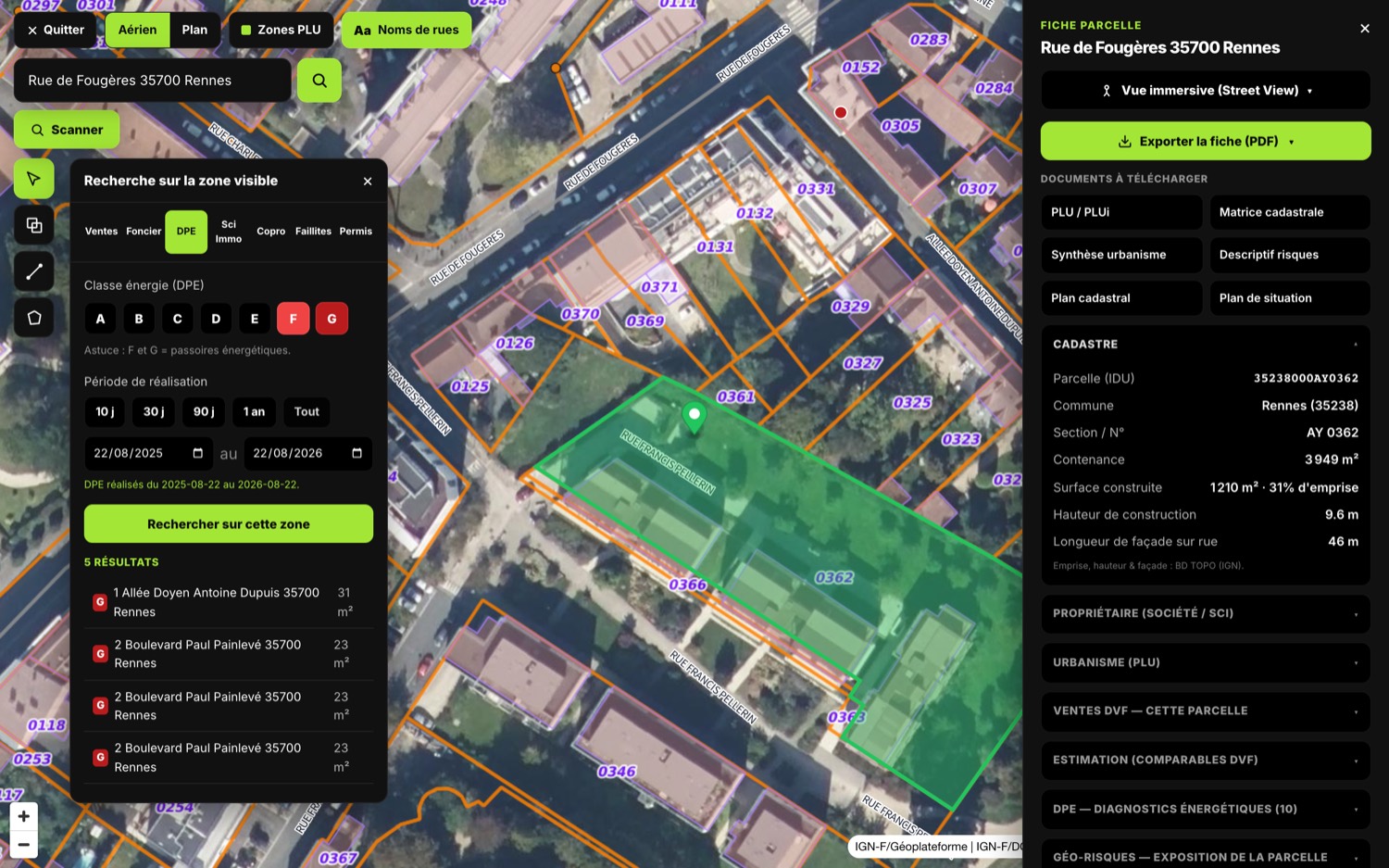 ImmoCadastre : balayage des DPE du quartier, filtres par classe énergétique et par période, liste des adresses avec leur étiquette et leur surface.