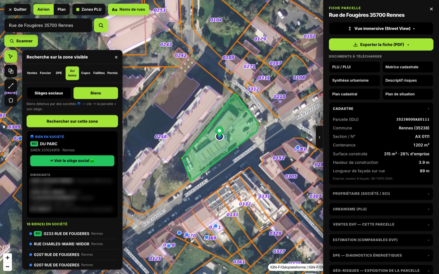 ImmoCadastre : carte aérienne avec parcelles, fiche parcelle détaillée (cadastre, PLU, DVF, risques) et liste des 18 biens détenus par des sociétés sur le secteur.