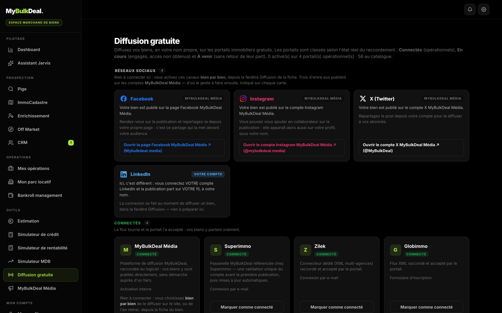 Écran Diffusion gratuite : les quatre réseaux sociaux, puis les portails classés Connectés, En cours et À venir selon l'état réel du raccordement.
